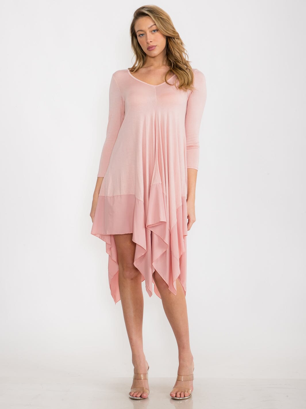 WOMEN'S LONG SLEEVE V-NECK TUNIC HIGH LOW MIDI DRESS