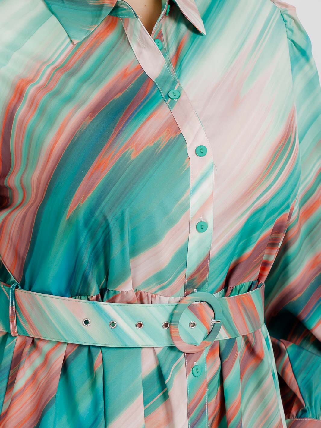 PLUS SIZE LONG SLEEVE BUTTON UP TIERED MULTI PRINT BELTED MIDI DRESS