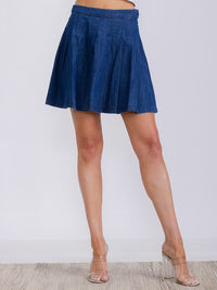 WOMEN'S BUTTON CLOSURE PLEATED DENIM MINI SKIRT
