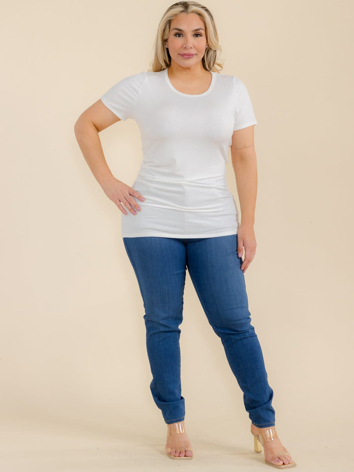 PLUS SIZE SHORT SLEEVE SIDE RUCHED SOLID BLOUSE