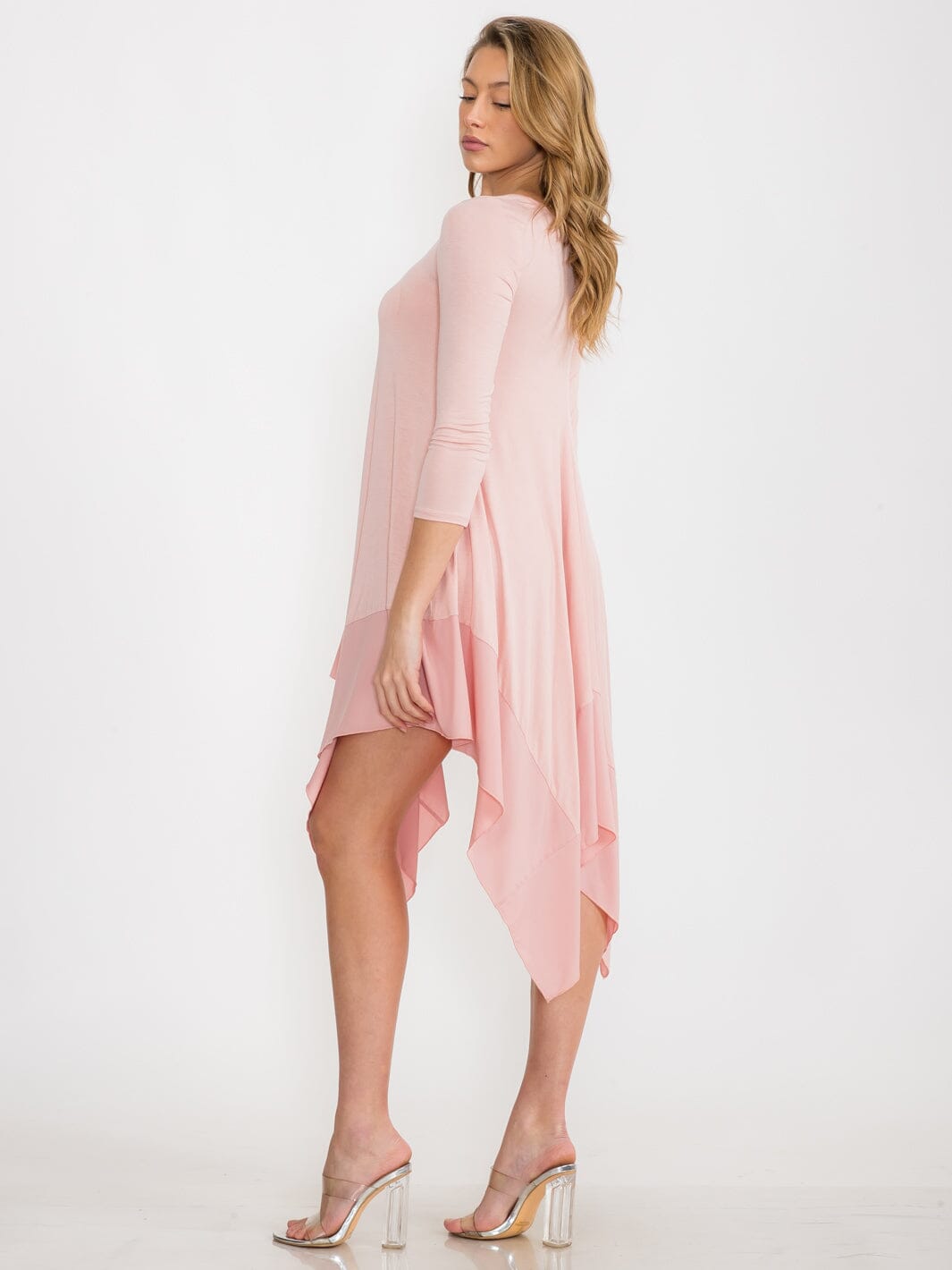 WOMEN'S LONG SLEEVE V-NECK TUNIC HIGH LOW MIDI DRESS