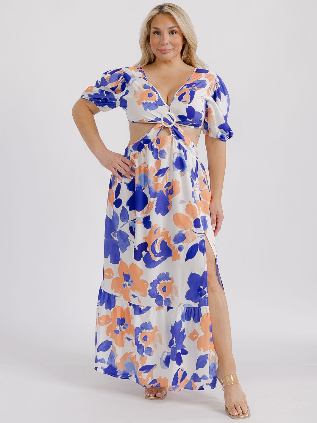 PLUS SIZE SHORT SLEEVE V-NECK CUT OUT SIDE SLIT FLORAL MAXI DRESS