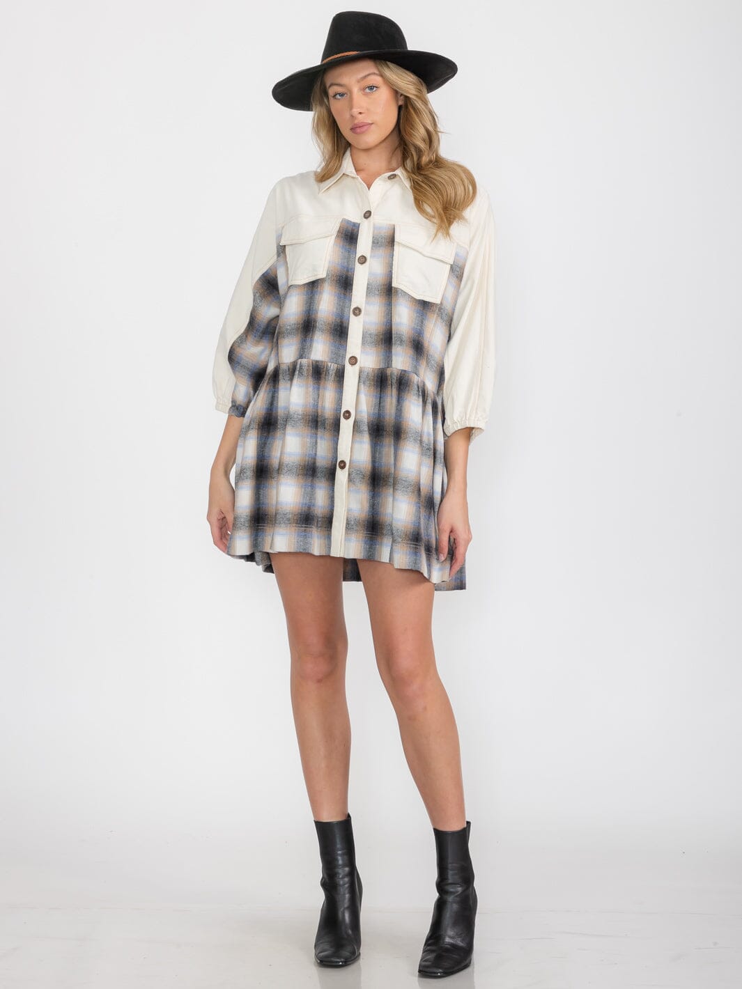 WOMEN'S 3/4 SLEEVES BUTTON UP PLAID MINI DRESS