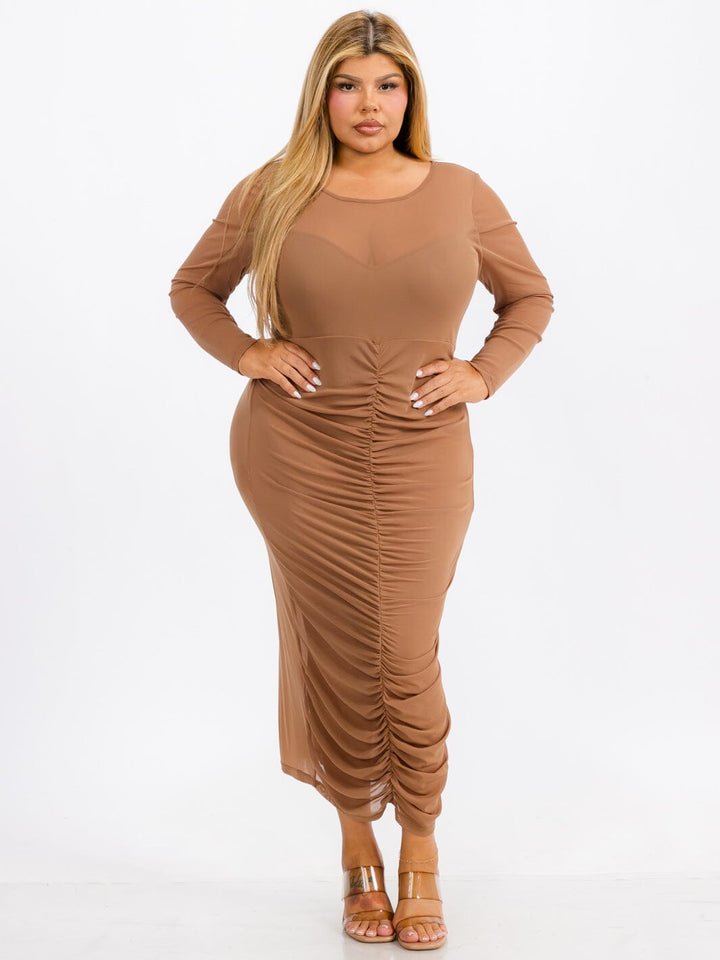 PLUS SIZE LONG SLEEVES RUCHED FRONT BODYCON MESH MAXI DRESS
