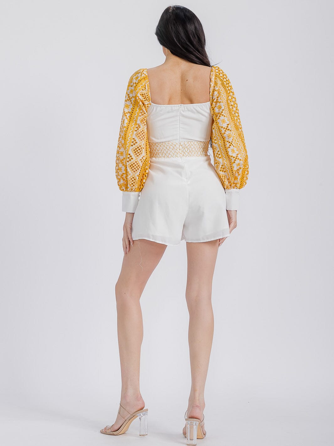 WOMEN'S LONG SLEEVE V-NECK CUT OUT EMBROIDERY EYELET ROMPER