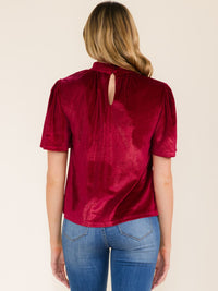 WOMEN'S SHORT SLEEVE MOCK NECK VELVET BLOUSE