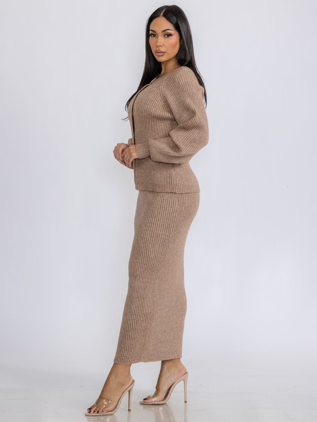 WOMEN'S LONG SLEEVE TOP & PENCIL MAXI SKIRT RIBBED 2PC.SET