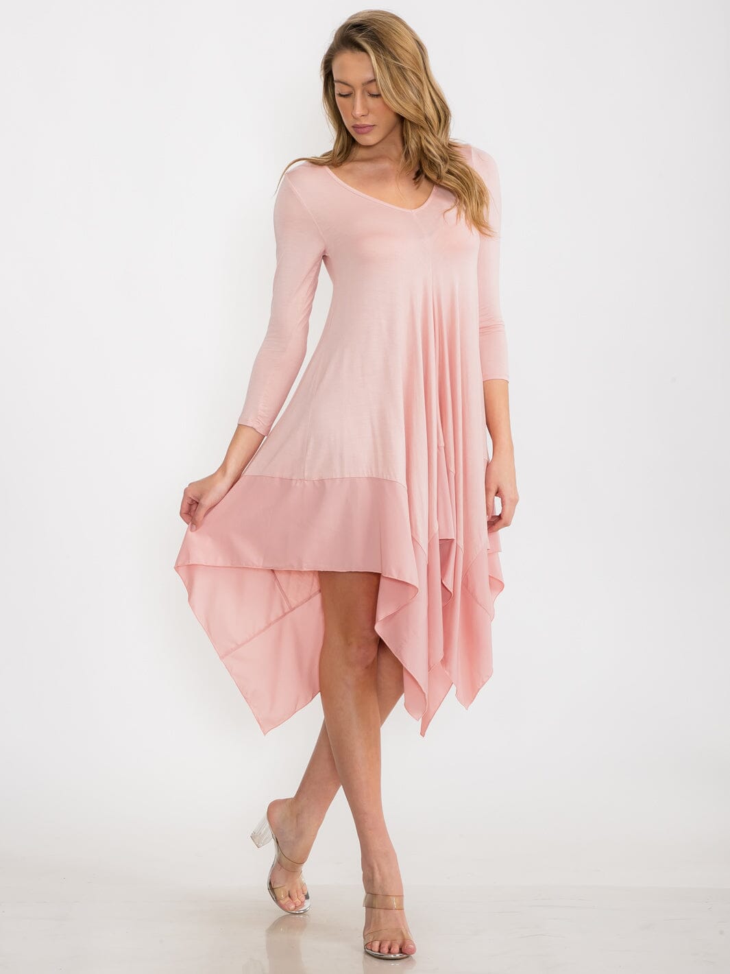 WOMEN'S LONG SLEEVE V-NECK TUNIC HIGH LOW MIDI DRESS