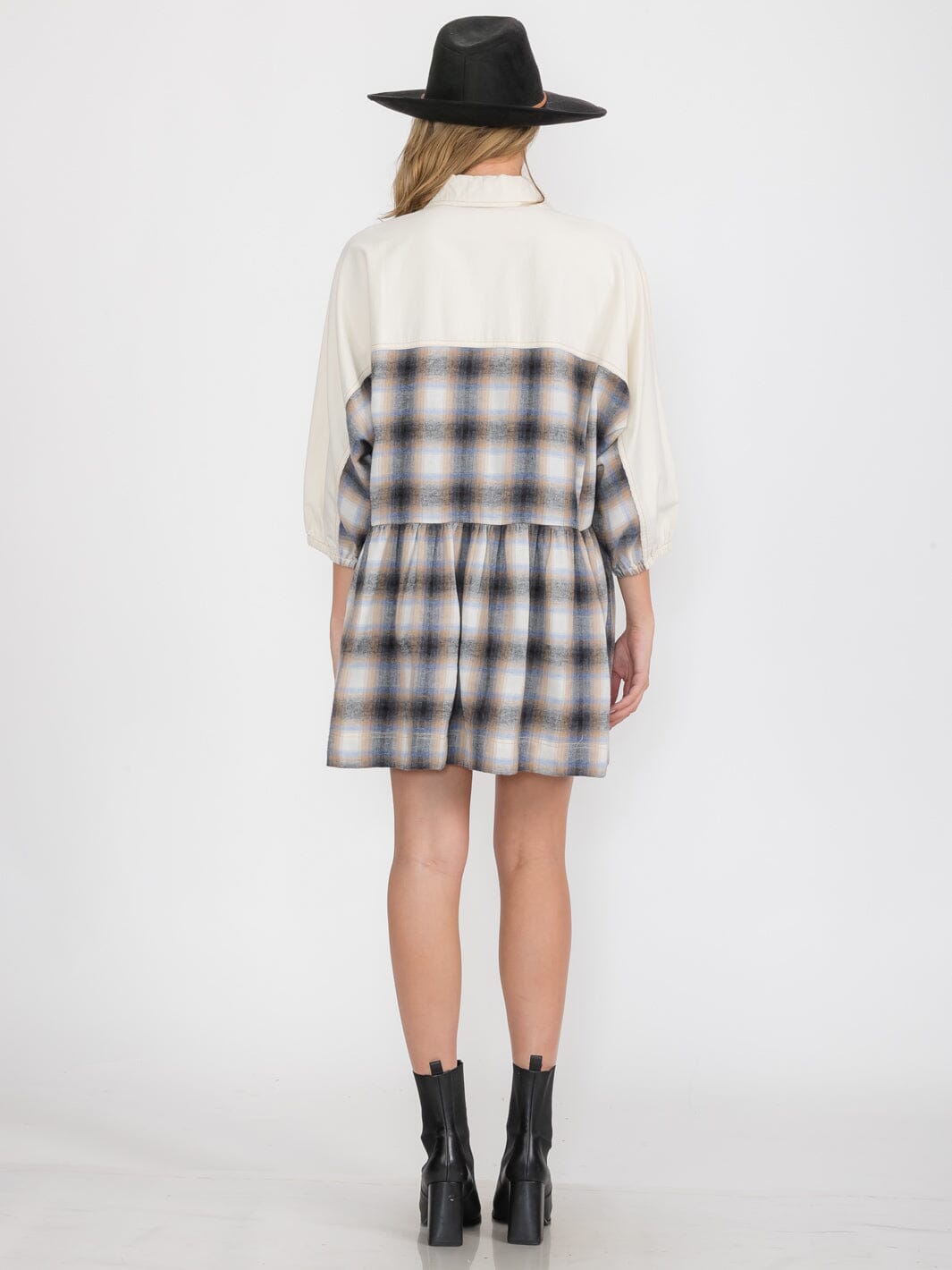 WOMEN'S 3/4 SLEEVES BUTTON UP PLAID MINI DRESS