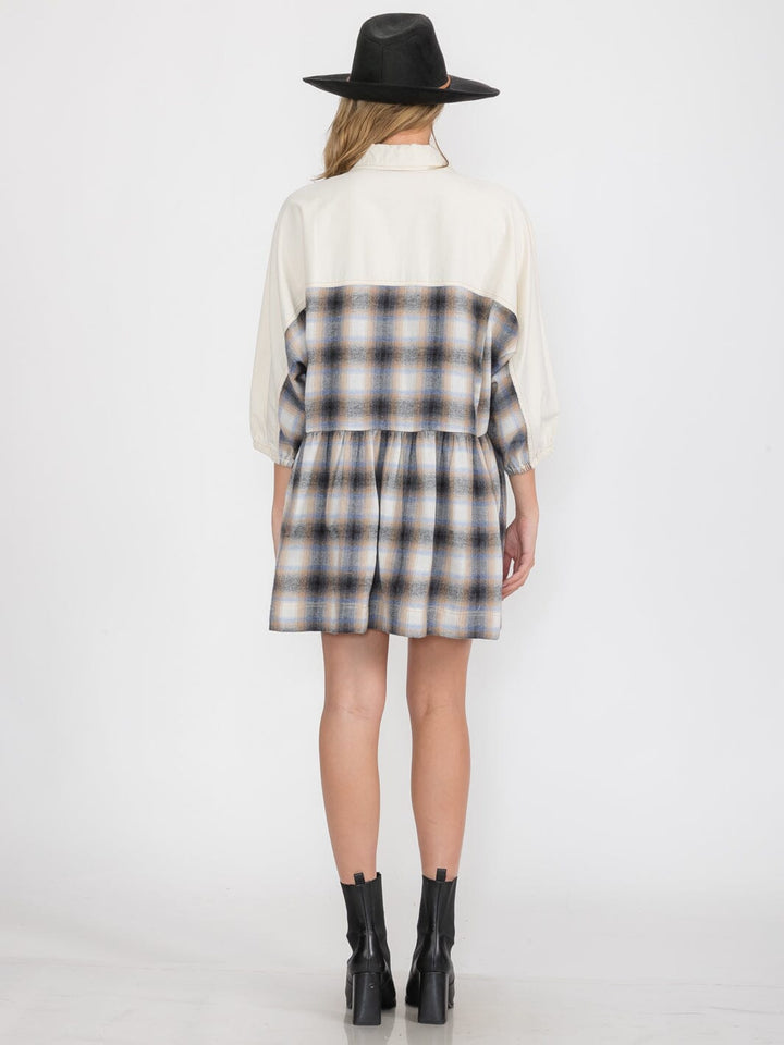 WOMEN'S 3/4 SLEEVES BUTTON UP PLAID MINI DRESS