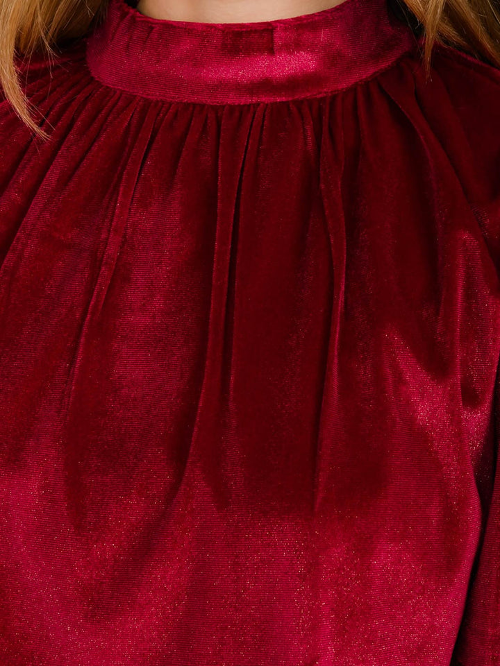 WOMEN'S SHORT SLEEVE MOCK NECK VELVET BLOUSE