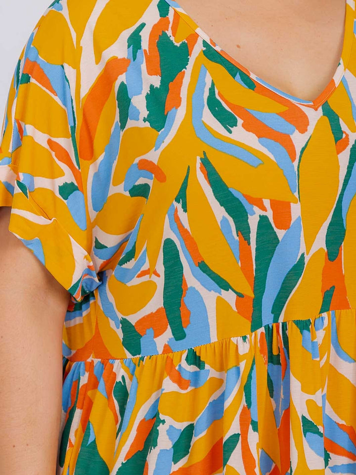PLUS SIZE SHORT SLEEVE V-NECK MULTI PRINT FRONT POCKETS TUNIC MINI DRESS