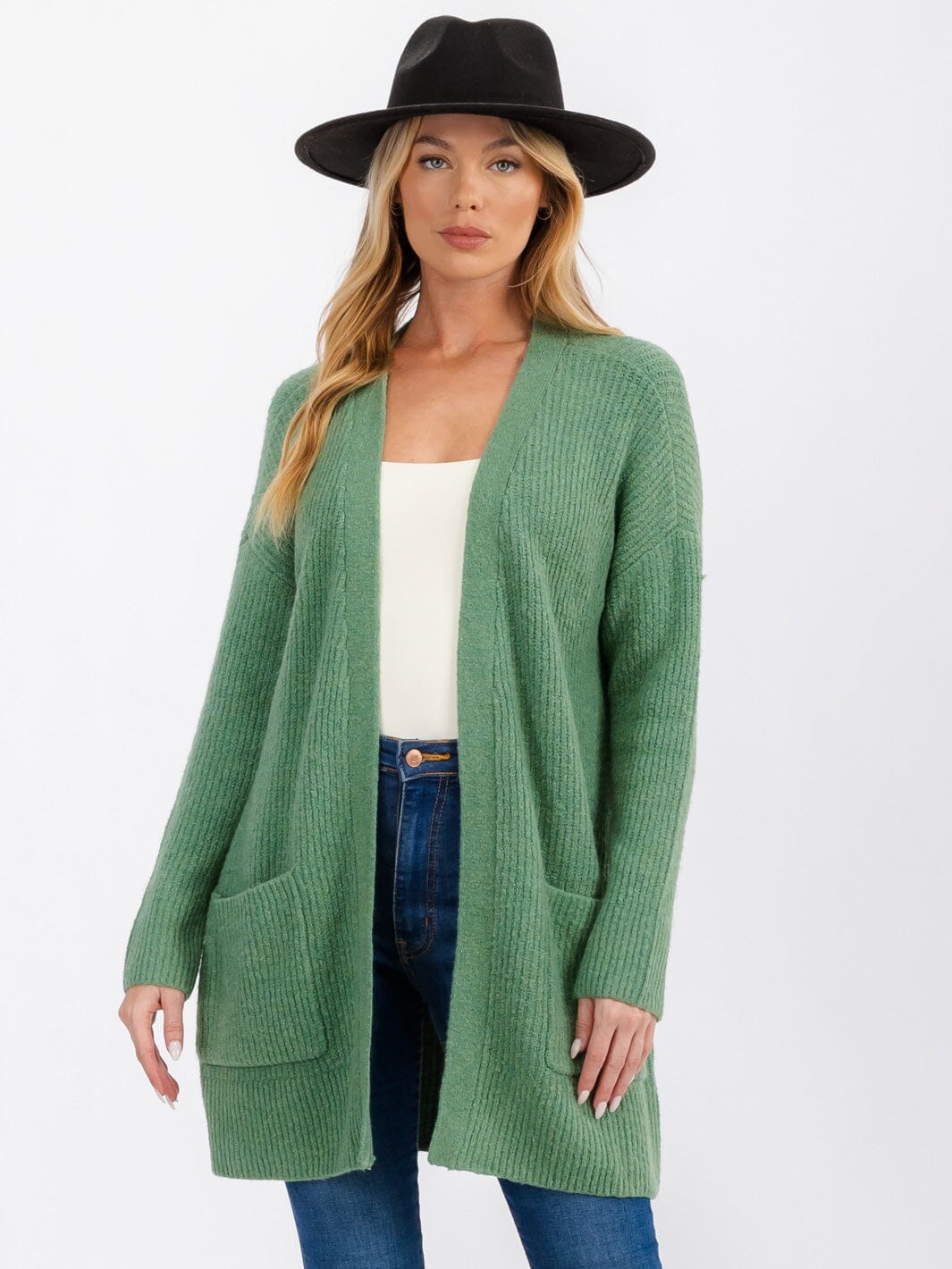 WOMEN'S LONG SLEEVE OPEN FRONT POCKETS CARDIGAN