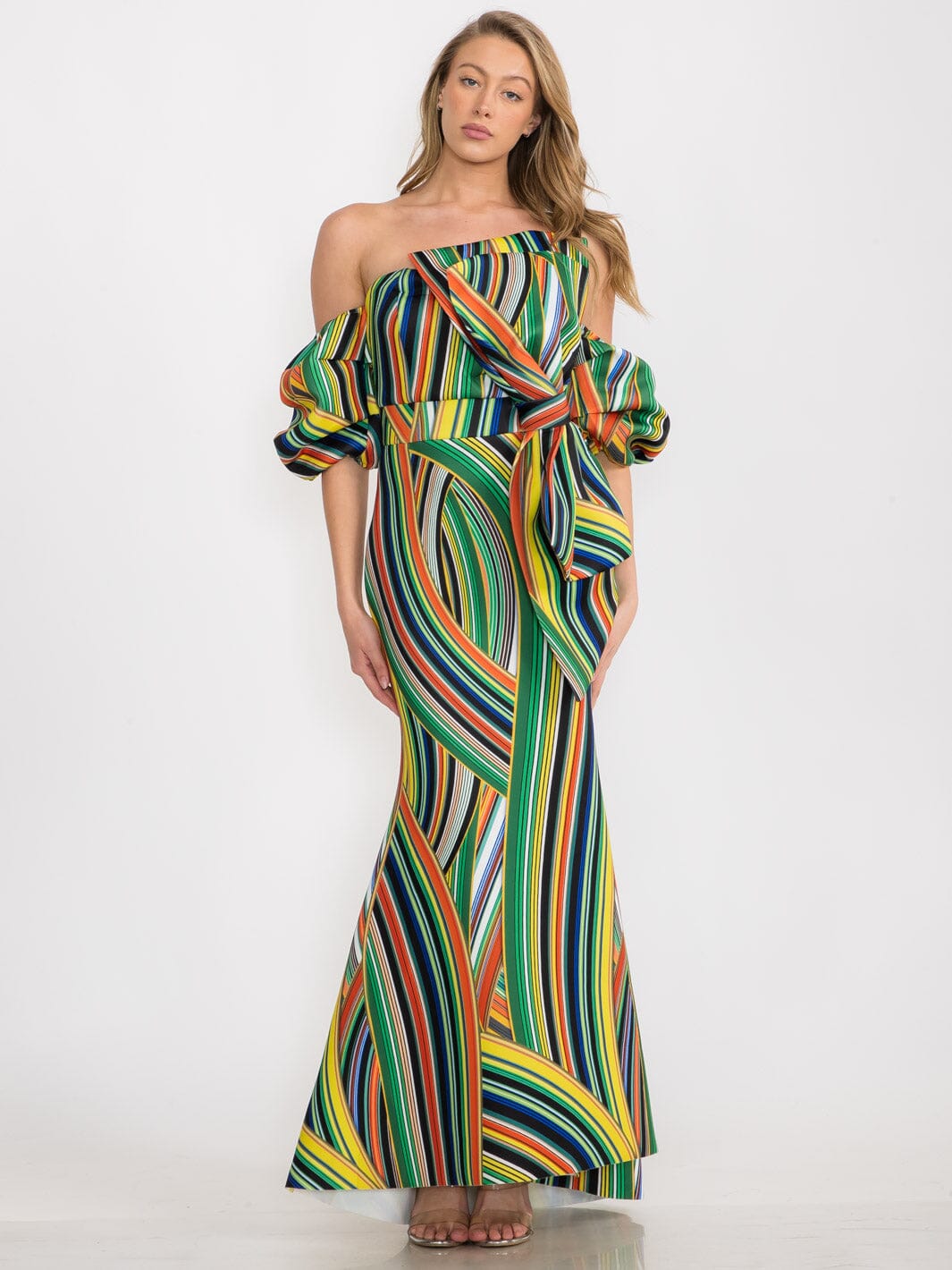 WOMEN'S COLD SHOULDER FRONT DETAILED MULTI COLORS MAXI GOWN DRESS