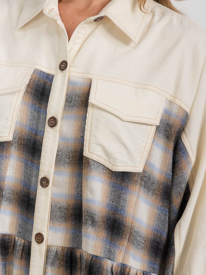 WOMEN'S 3/4 SLEEVES BUTTON UP PLAID MINI DRESS