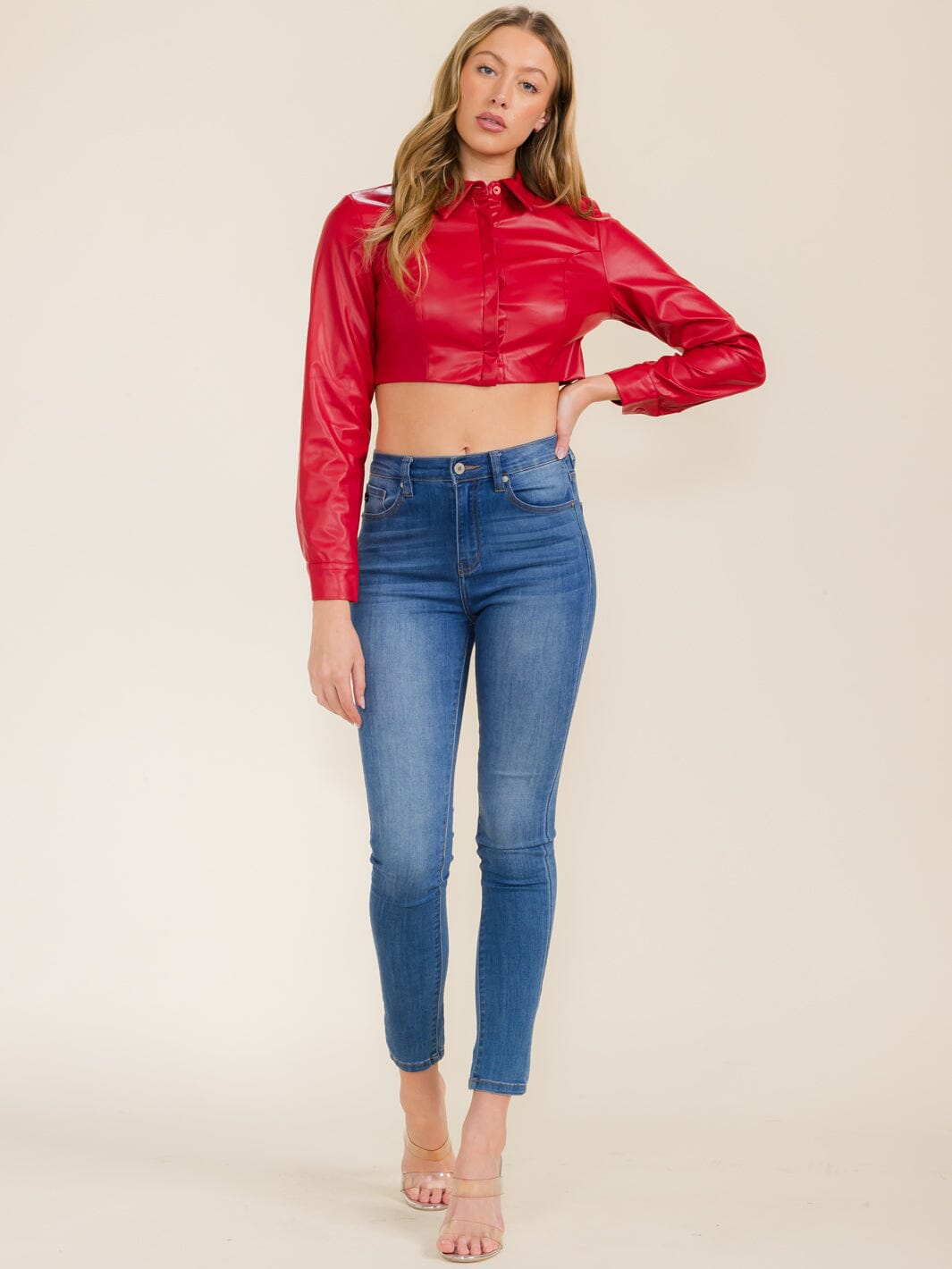 WOMEN'S LONG SLEEVE BUTTON UP COLLAR PU PLEATHER CROP TOP