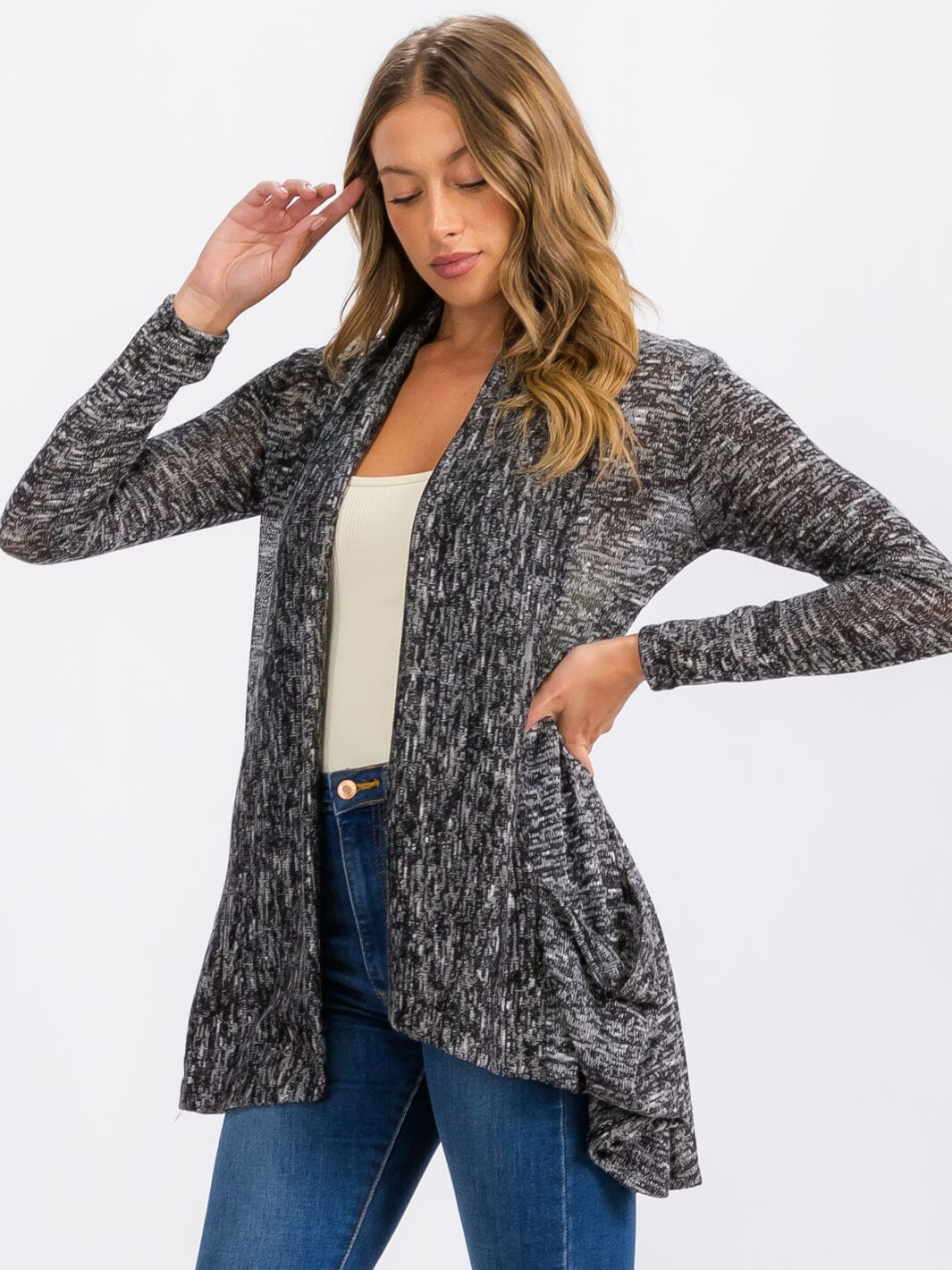 WOMEN'S LONG SLEEVE OPEN FRONT DETAILED POCKETS CARDIGAN