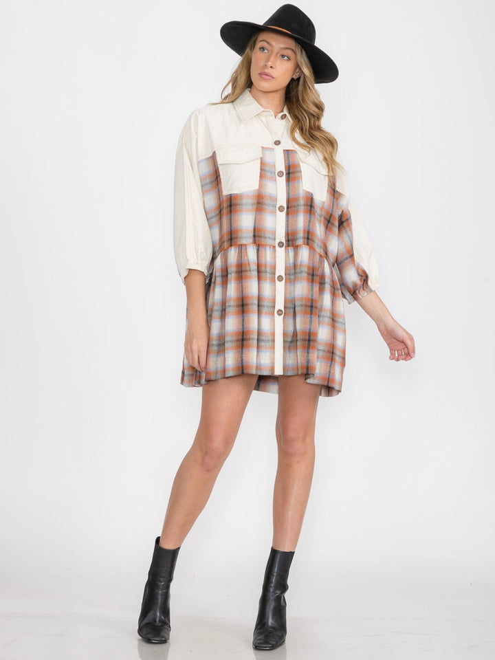 WOMEN'S 3/4 SLEEVES BUTTON UP PLAID MINI DRESS