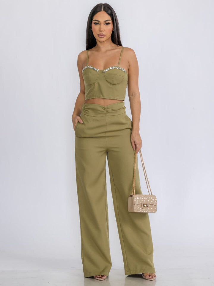 WOMEN'S SLEEVELESS CROP TOP & ZIP UP PANTS STUDS DETAILED 2PC.SET