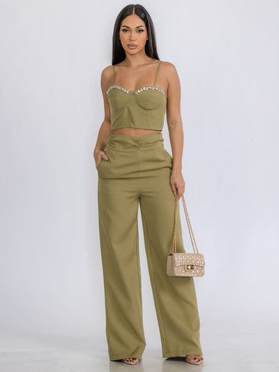 WOMEN'S SLEEVELESS CROP TOP & ZIP UP PANTS STUDS DETAILED 2PC.SET
