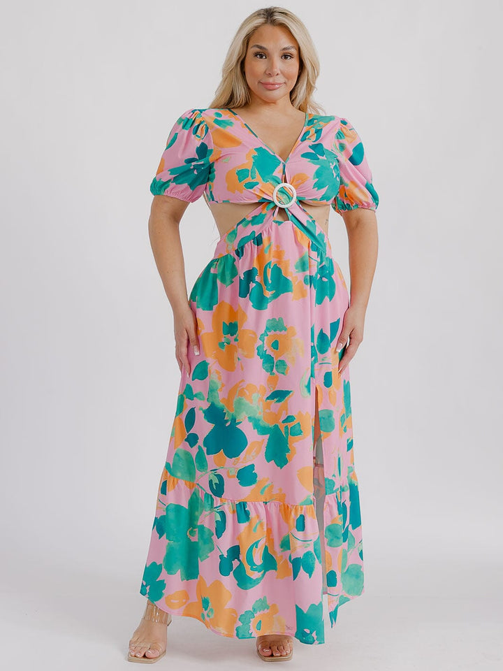 PLUS SIZE SHORT SLEEVE V-NECK CUT OUT SIDE SLIT FLORAL MAXI DRESS