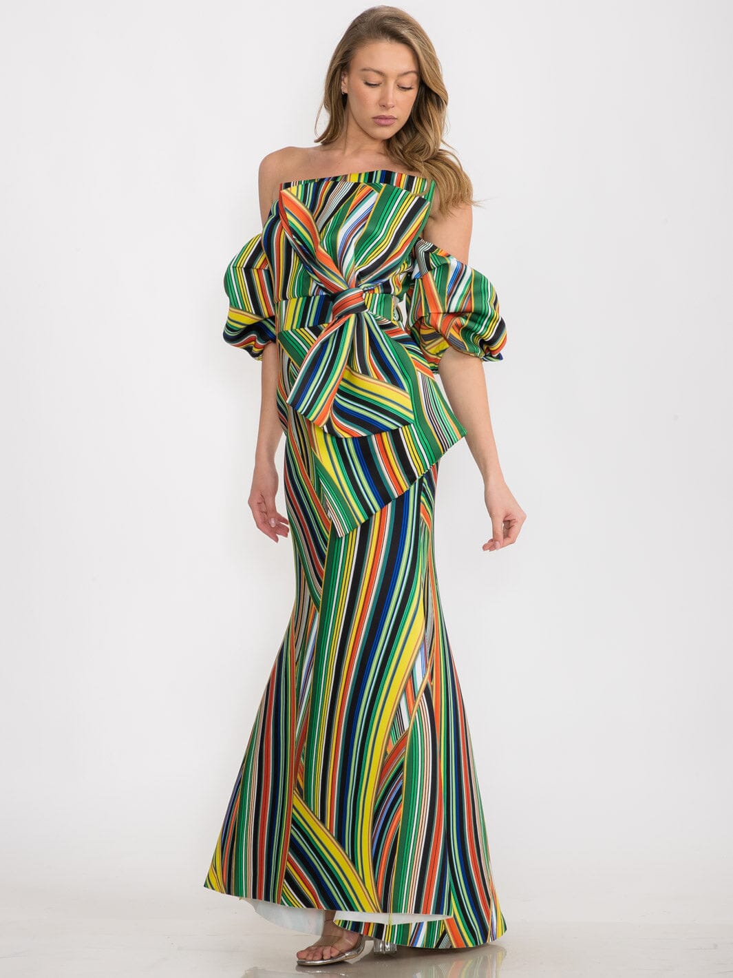 WOMEN'S COLD SHOULDER FRONT DETAILED MULTI COLORS MAXI GOWN DRESS