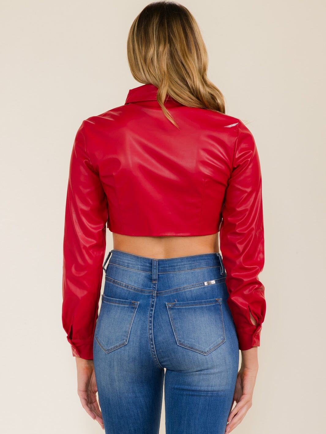 WOMEN'S LONG SLEEVE BUTTON UP COLLAR PU PLEATHER CROP TOP