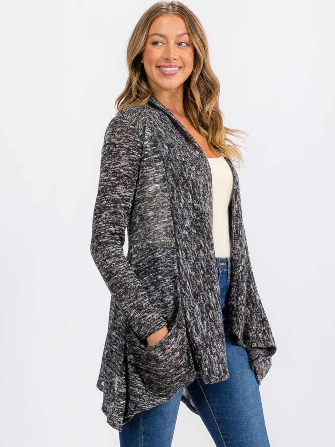 WOMEN'S LONG SLEEVE OPEN FRONT DETAILED POCKETS CARDIGAN