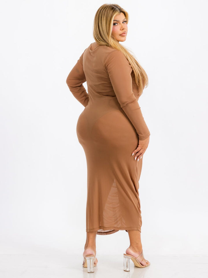 PLUS SIZE LONG SLEEVES RUCHED FRONT BODYCON MESH MAXI DRESS