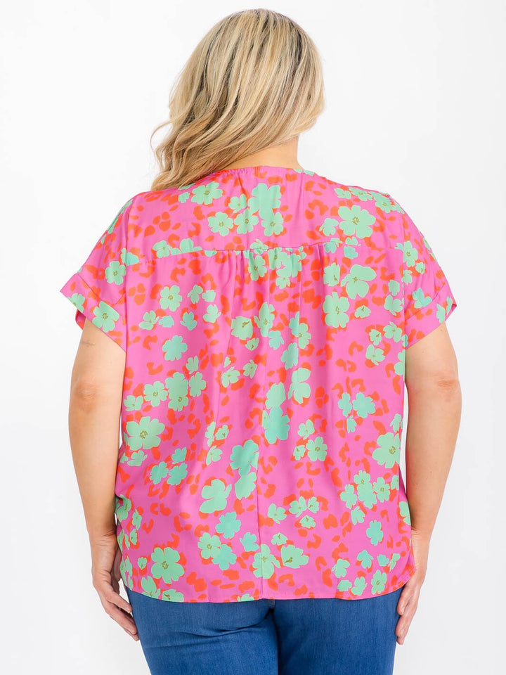 PLUS SIZE SHORT SLEEVE V-NECK FLORAL TUNIC BLOUSE