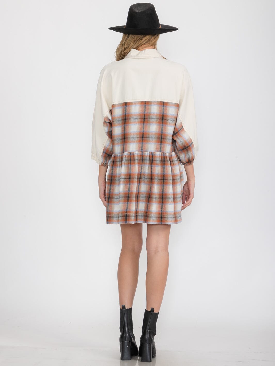 WOMEN'S 3/4 SLEEVES BUTTON UP PLAID MINI DRESS