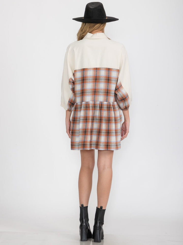 WOMEN'S 3/4 SLEEVES BUTTON UP PLAID MINI DRESS