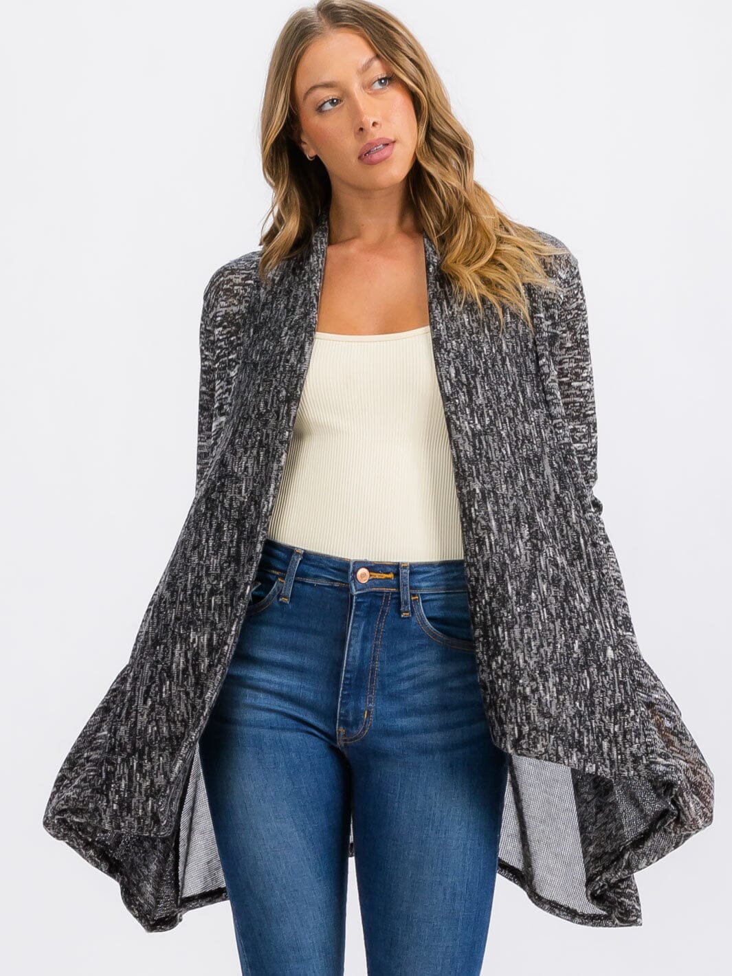 WOMEN'S LONG SLEEVE OPEN FRONT DETAILED POCKETS CARDIGAN