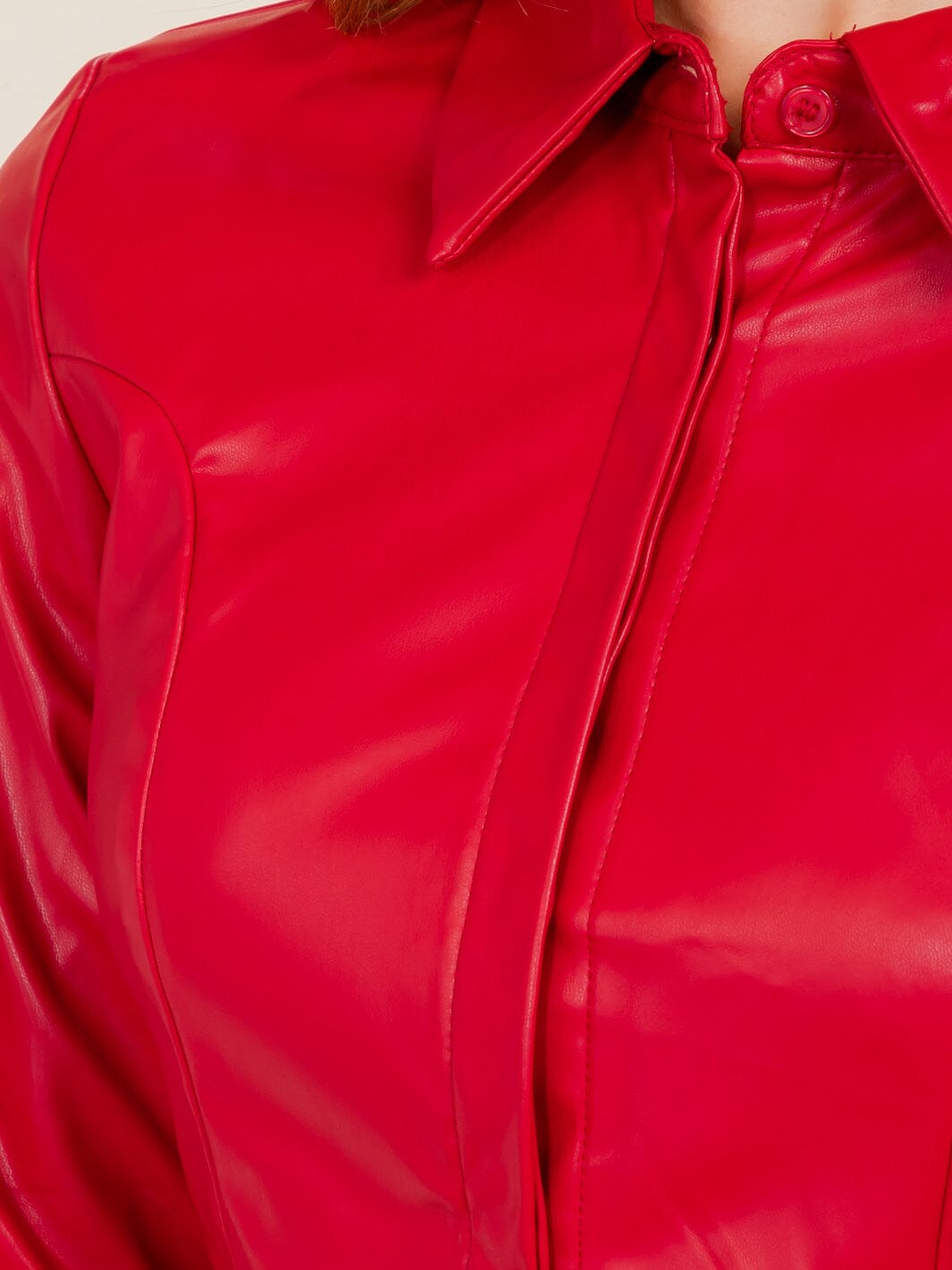 WOMEN'S LONG SLEEVE BUTTON UP COLLAR PU PLEATHER CROP TOP