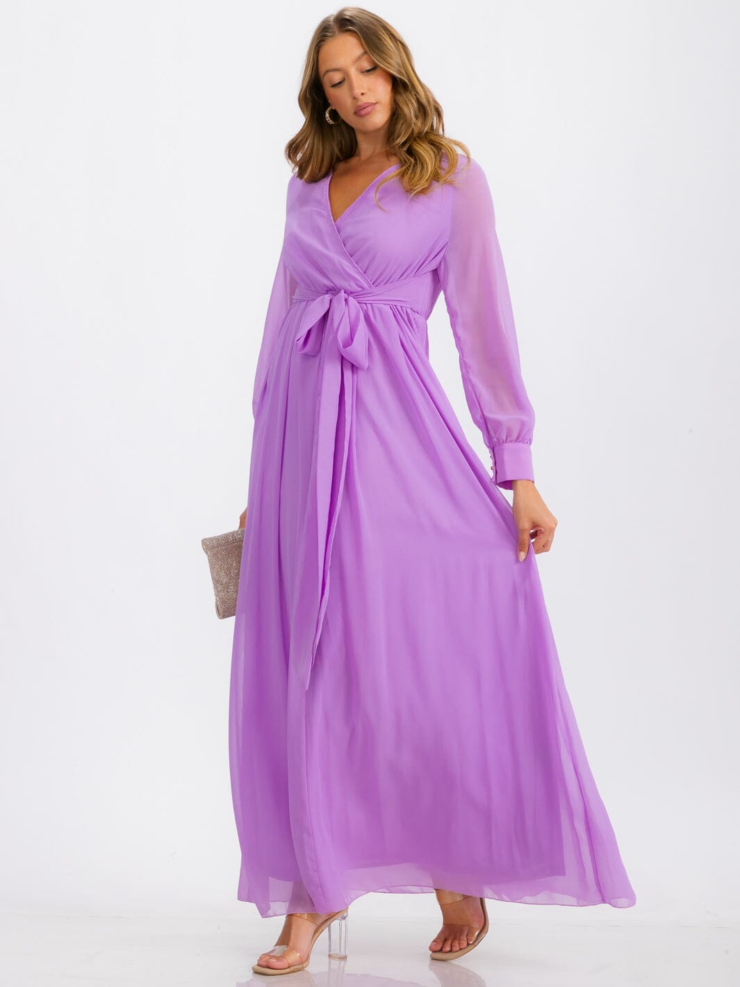 WOMEN'S LONG SLEEVE SURPLICE SELF TIE MAXI DRESS