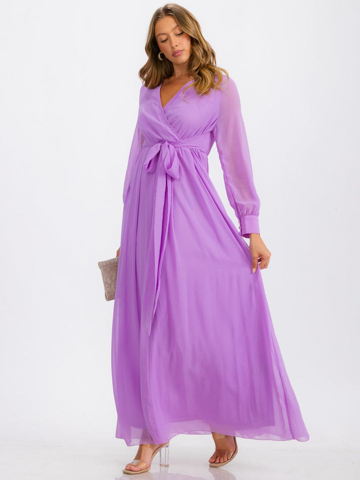 WOMEN'S LONG SLEEVE SURPLICE SELF TIE MAXI DRESS