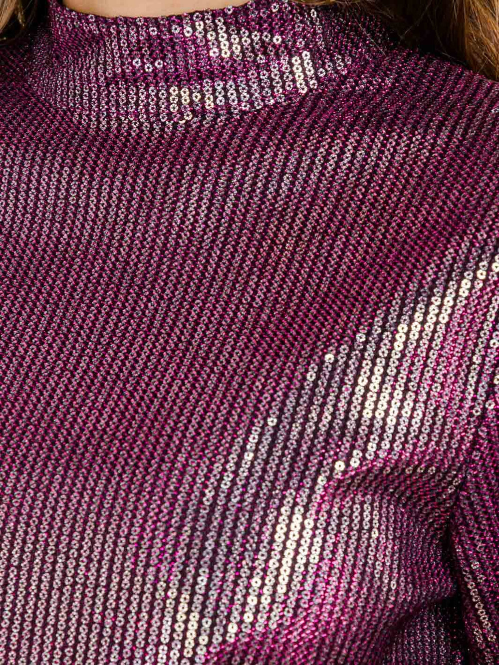 WOMEN'S LONG SLEEVE MOCK NECK SEQUINS CROP BLOUSE