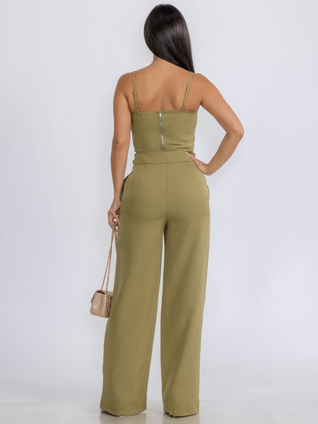 WOMEN'S SLEEVELESS CROP TOP & ZIP UP PANTS STUDS DETAILED 2PC.SET