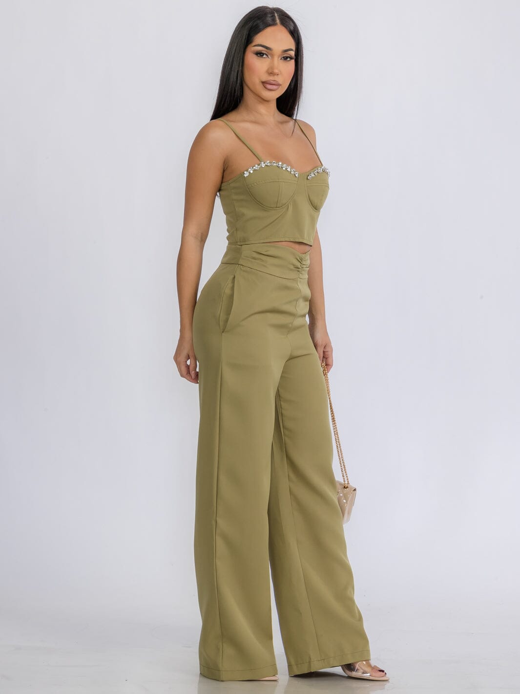 WOMEN'S SLEEVELESS CROP TOP & ZIP UP PANTS STUDS DETAILED 2PC.SET