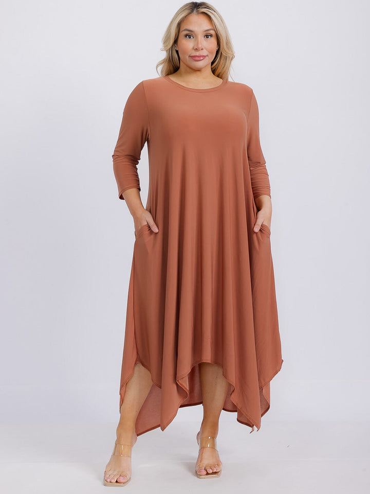 PLUS SIZE 3/4 SLEEVE FRONT POCKETS HIGH-LOW MAXI DRESS