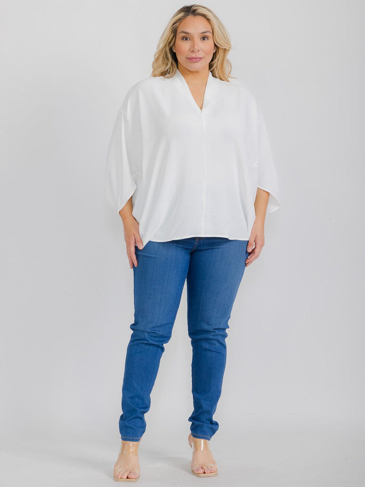 PLUS SIZE SHORT SLEEVE V-NECK SOLID TUNIC BLOUSE