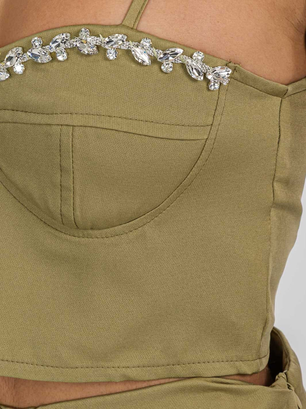 WOMEN'S SLEEVELESS CROP TOP & ZIP UP PANTS STUDS DETAILED 2PC.SET