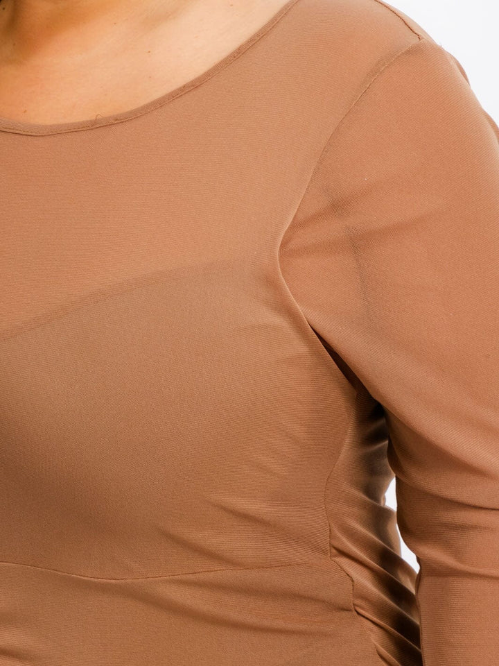 PLUS SIZE LONG SLEEVES RUCHED FRONT BODYCON MESH MAXI DRESS