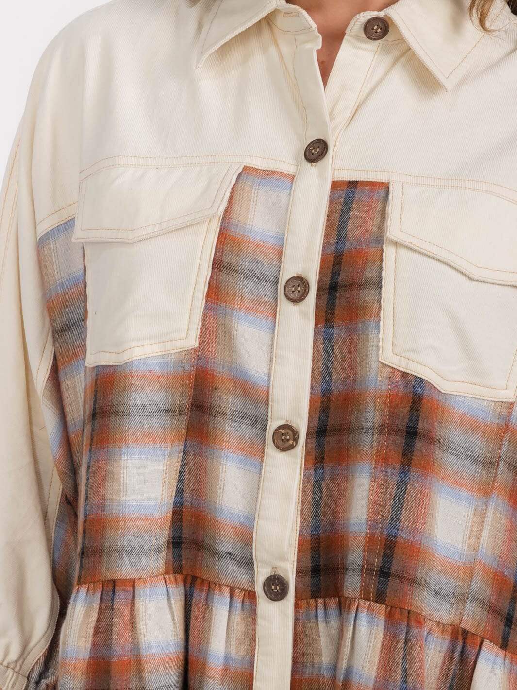 WOMEN'S 3/4 SLEEVES BUTTON UP PLAID MINI DRESS