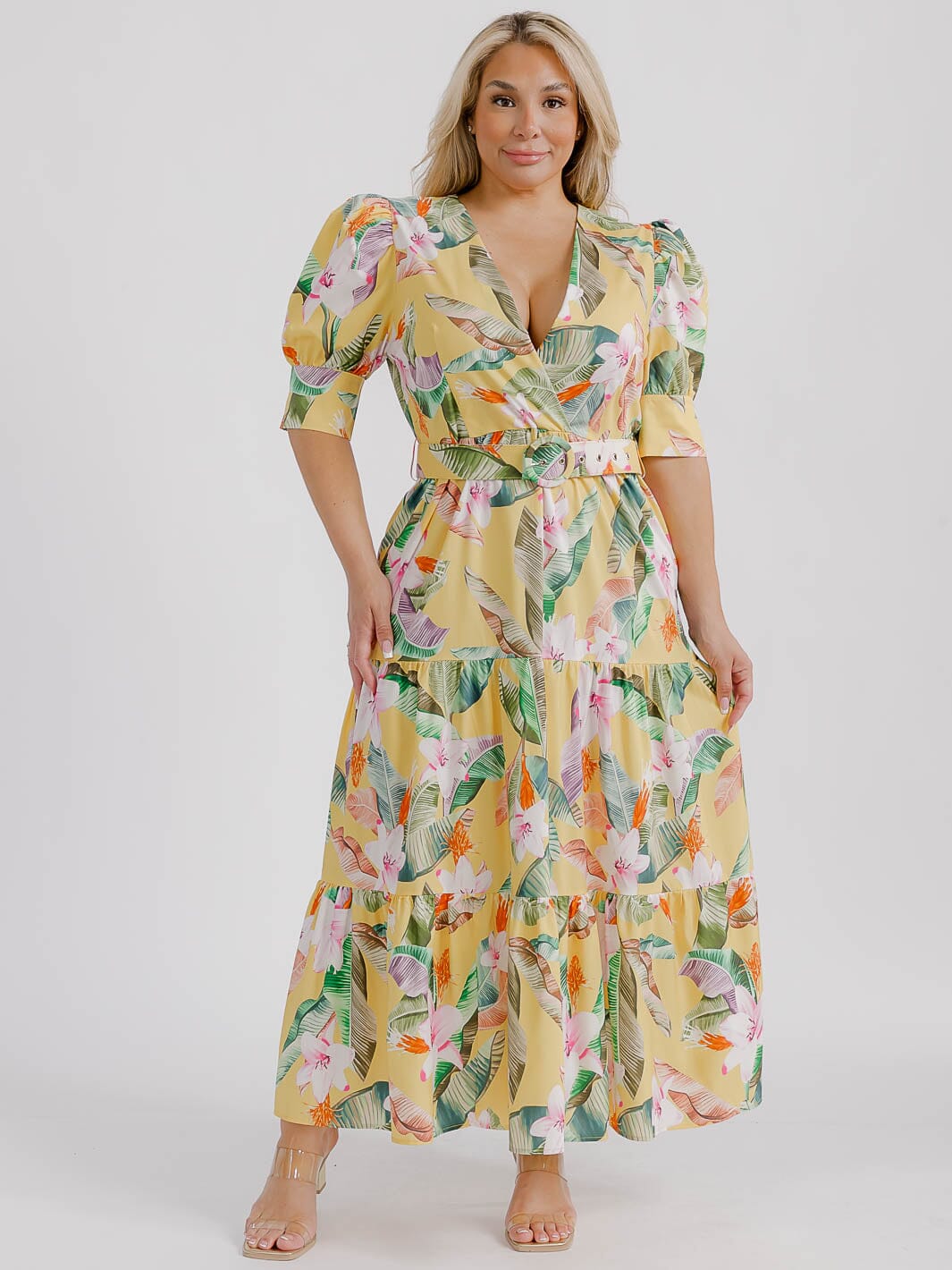 PLUS SIZE SHORT PUFF SLEEVE SURPLICE TIERED FLORAL BELTED MAXI DRESS