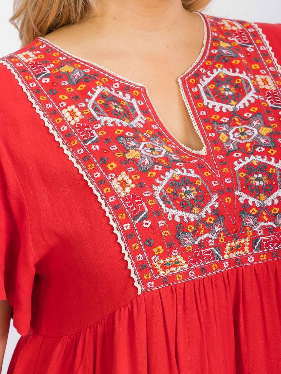 PLUS SIZE SHORT SLEEVE V-NECK EMBROIDERY FLORAL TUNIC MIDI DRESS