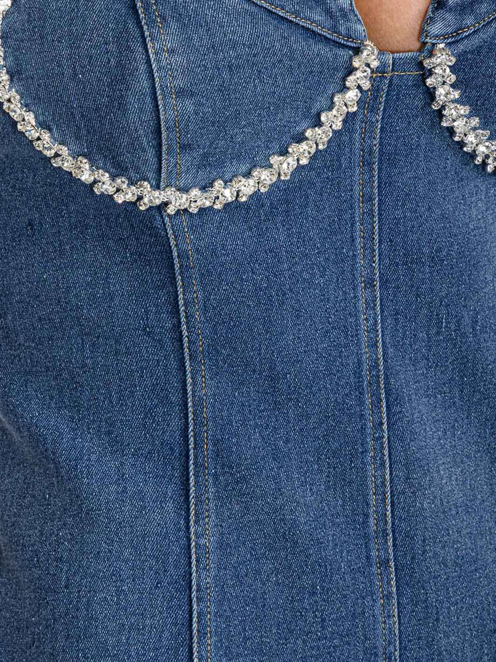 WOMEN'S SLEEVELESS V-NECK DTUDS TRIM DENIM MINI DRESS