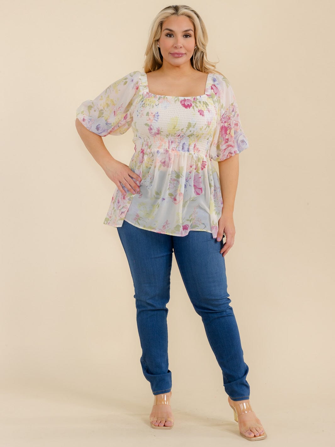 PLUS SIZE SHORT SLEEVE SQUARE NECK SMOCK FLORAL PEPLUM BLOUSE