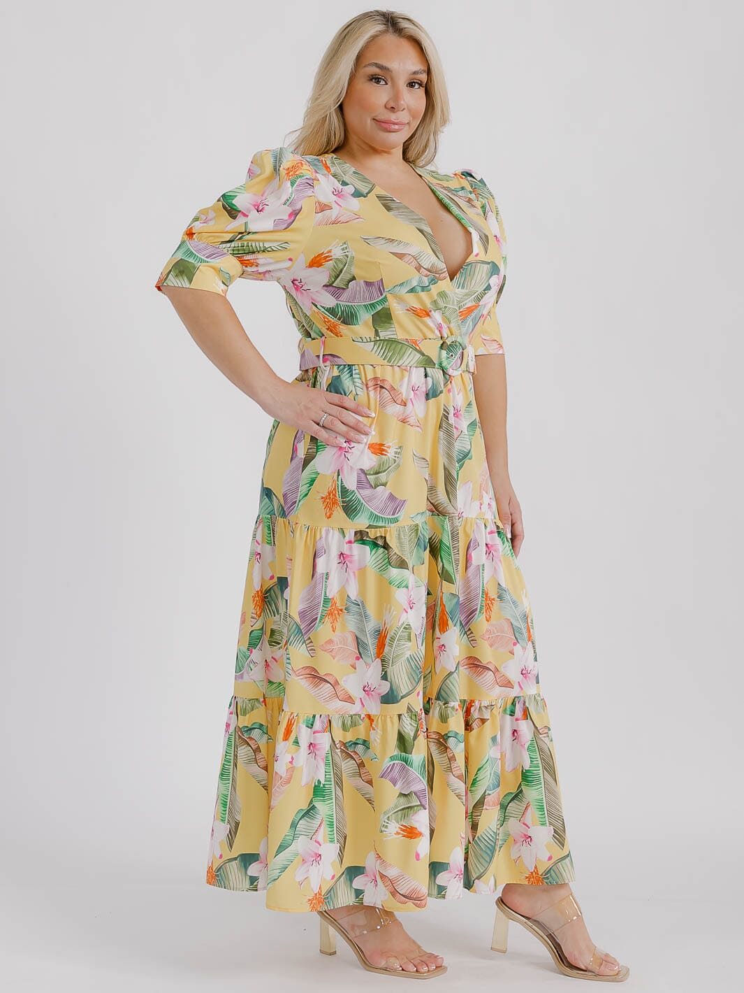 PLUS SIZE SHORT PUFF SLEEVE SURPLICE TIERED FLORAL BELTED MAXI DRESS