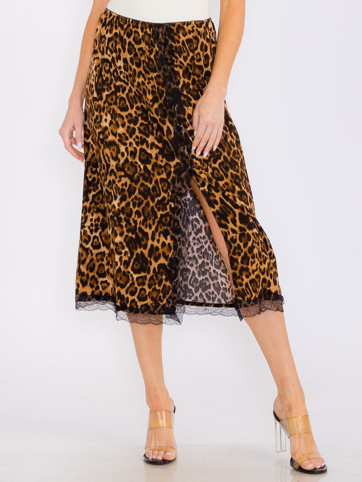 WOMEN'S ELASTIC WAIST FRONT SLIT LACE ANIMAL PRINT MIDI SKIRT